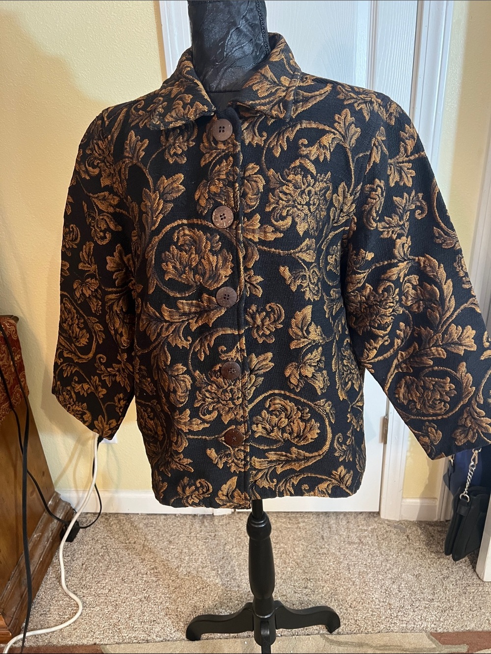 new directions Black and Gold Floral Brocade Button Jacket